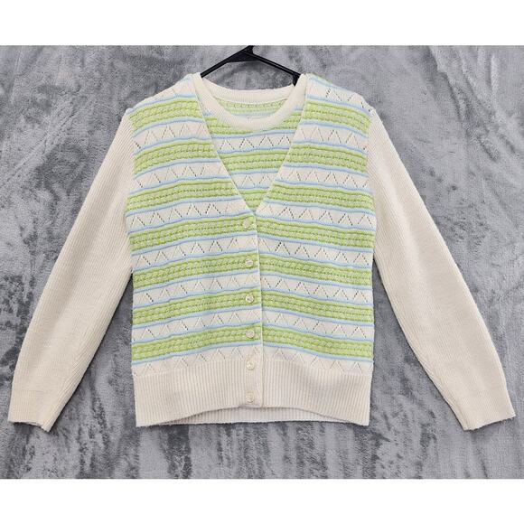 Vintage Striped Sleeveless Cardigan Twin Set Size S Cream Green Pointelle Knit - Picture 1 of 10